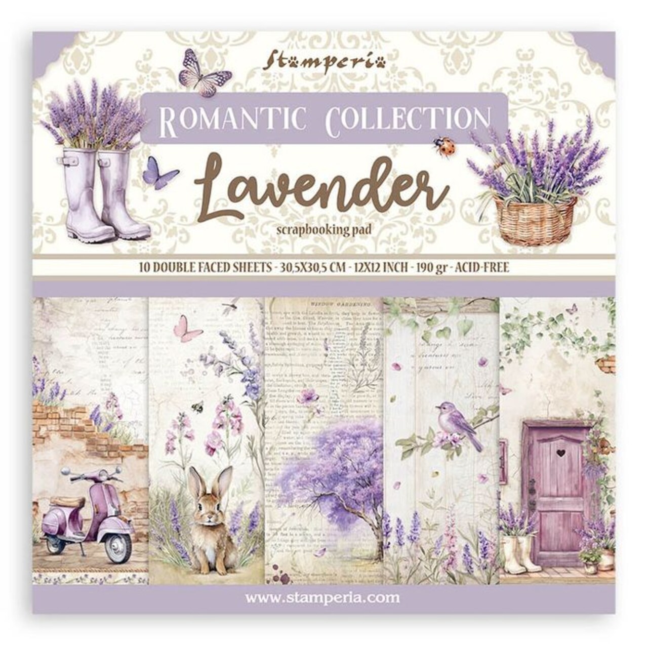 Stamperia Romantic Collection Lavender Double-Sided Paper Pad 12"X12" 10/Pkg